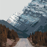 Scenic painting of a mountain road surrounded by nature