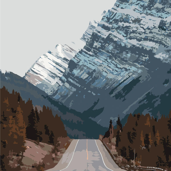 Scenic painting of a mountain road surrounded by nature