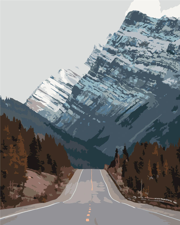 Scenic painting of a mountain road surrounded by nature