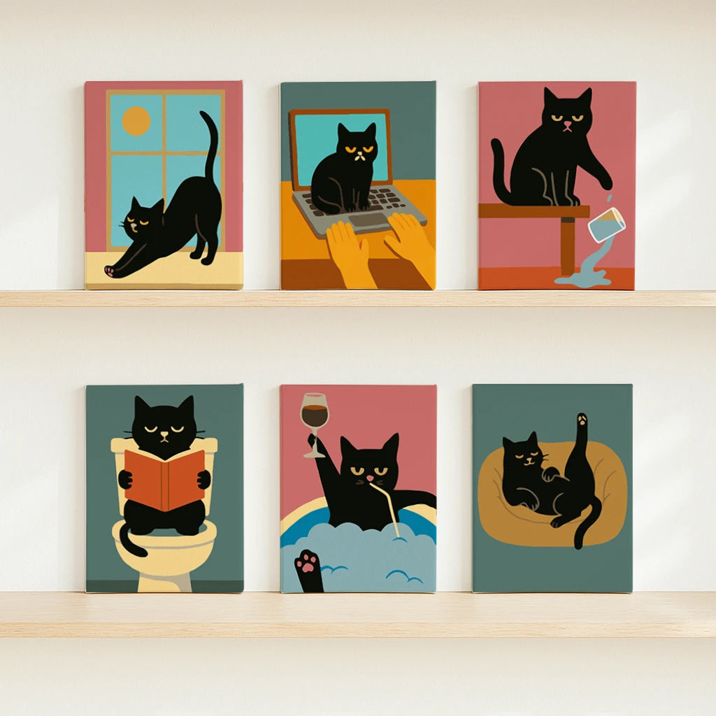 Cat Routine Paint by Numbers Kit Set of 6 - Black Cat Daily Life – ArtSpark