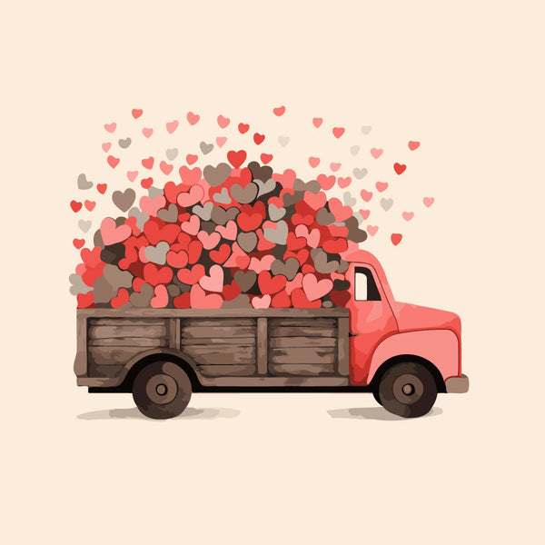 Vintage red truck overflowing with hearts symbolizing love and romance