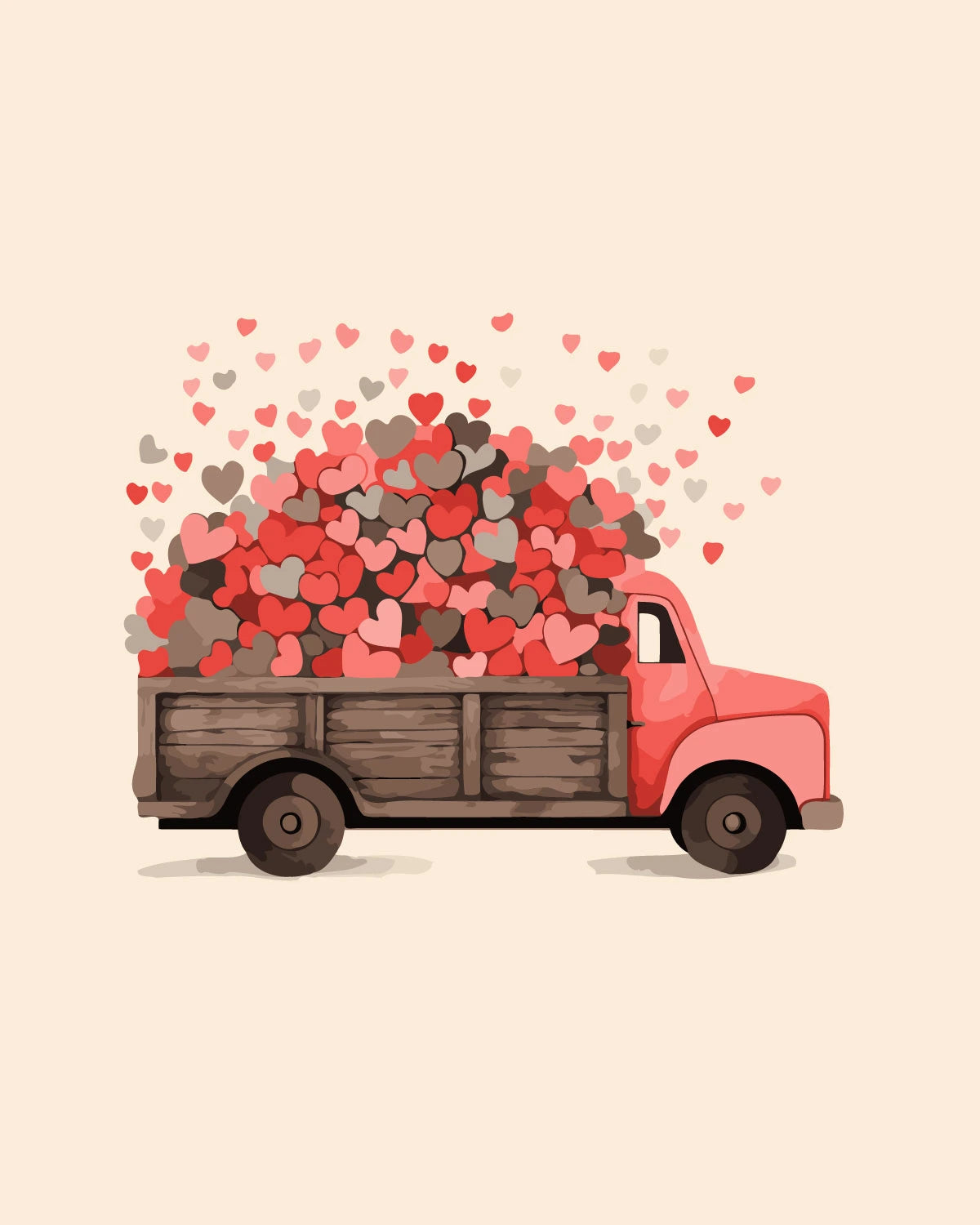 Vintage red truck overflowing with hearts symbolizing love and romance