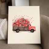 Vintage red truck overflowing with hearts symbolizing love and romance
