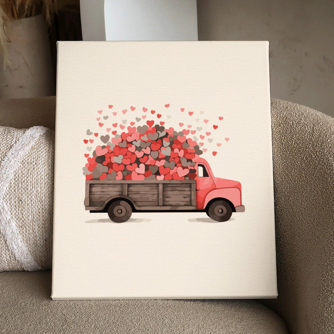 Vintage red truck overflowing with hearts symbolizing love and romance