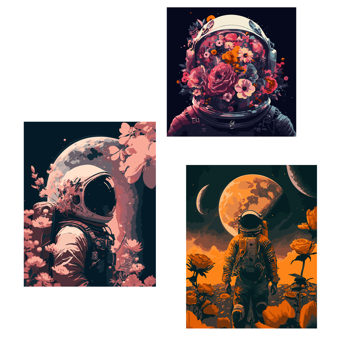 Surreal astronaut paintings featuring flowers, space, and cosmic landscapes