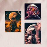 Surreal astronaut paintings featuring flowers, space, and cosmic landscapes