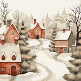 Snow-covered village with cozy red houses and winding pathways