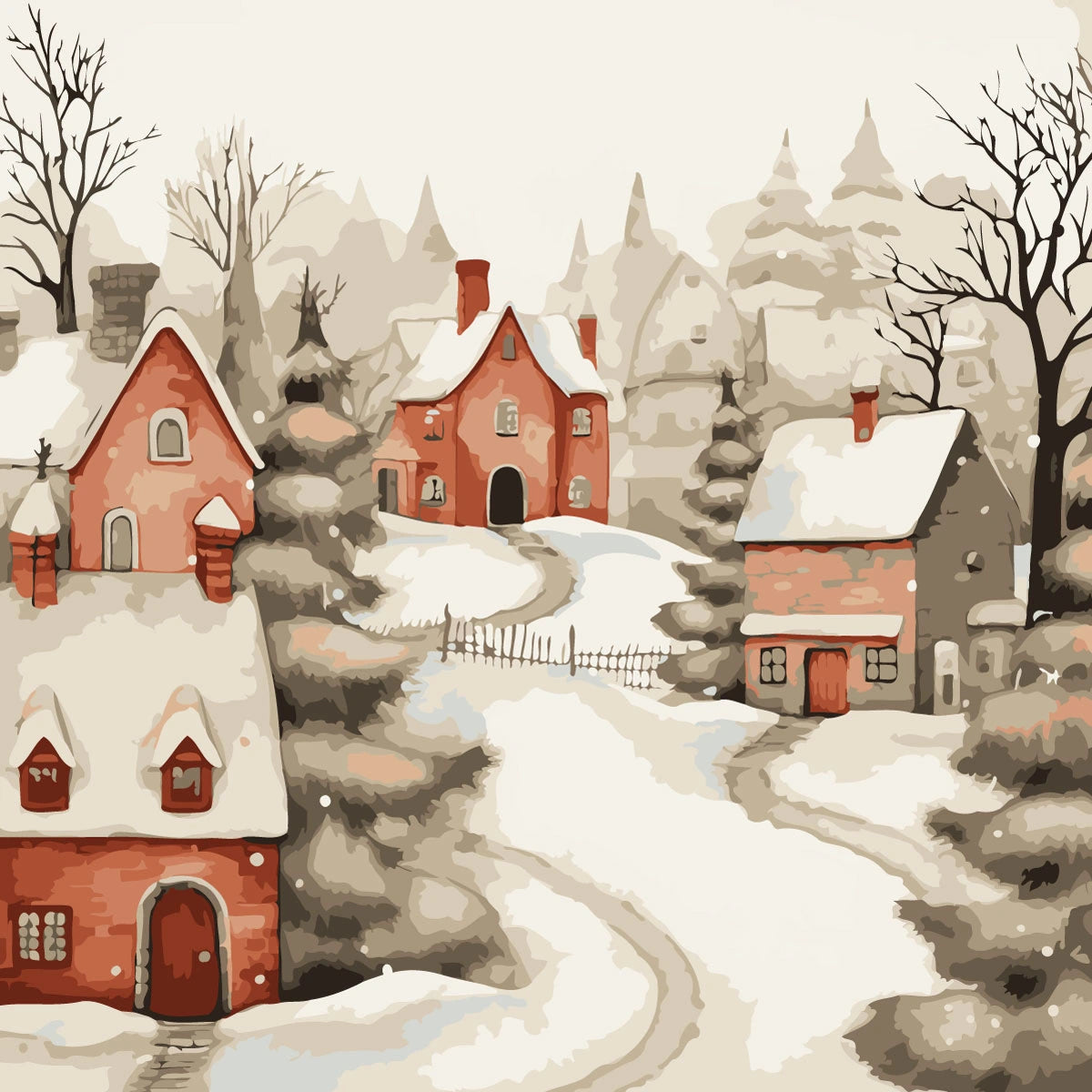 Snow-covered village with cozy red houses and winding pathways