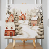 Snow-covered village with cozy red houses and winding pathways
