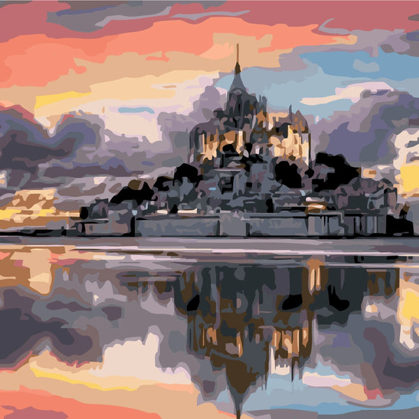 Majestic castle reflecting on water with a colorful sunset sky