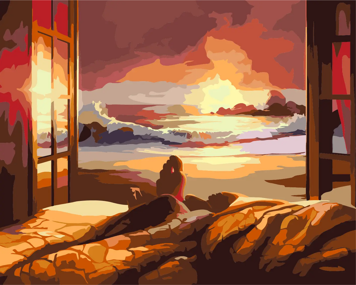 Person watching sunset over ocean from cozy bed near window