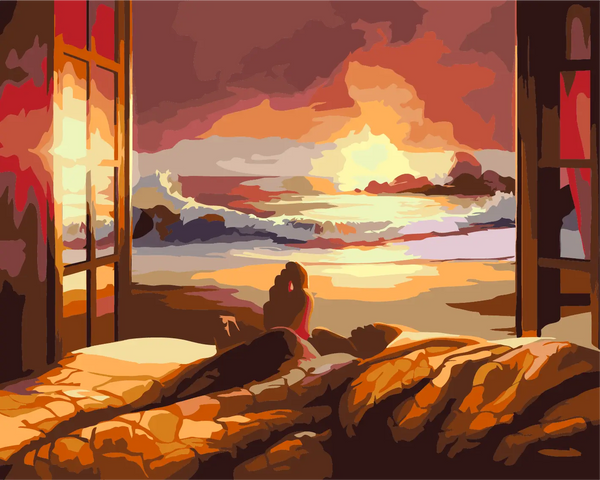Person watching sunset over ocean from cozy bed near window