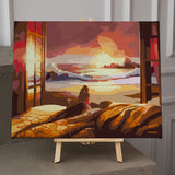 Person watching sunset over ocean from cozy bed near window