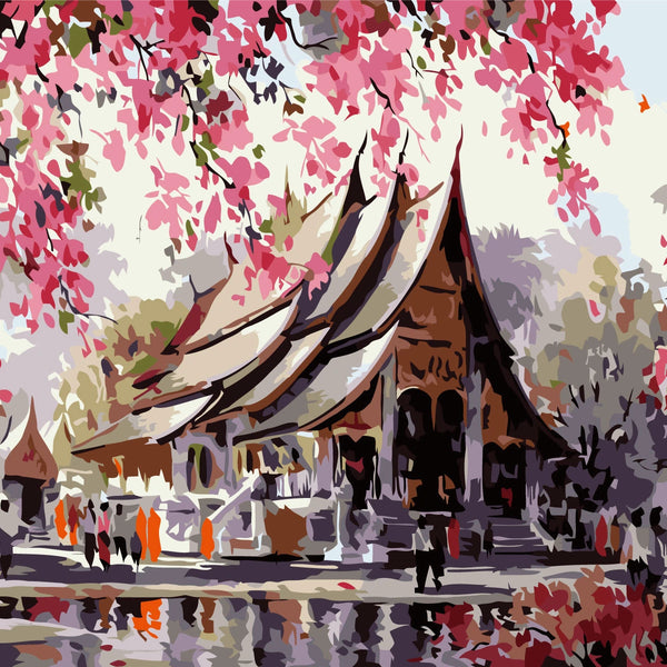 Painting of a traditional Thai temple surrounded by cherry blossoms.