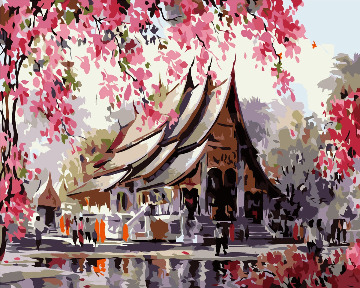 Painting of a traditional Thai temple surrounded by cherry blossoms.