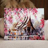 Painting of a traditional Thai temple surrounded by cherry blossoms.