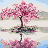 Pink cherry blossom tree with lake reflection and serene landscape painting