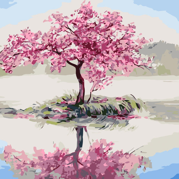 Pink cherry blossom tree with lake reflection and serene landscape painting