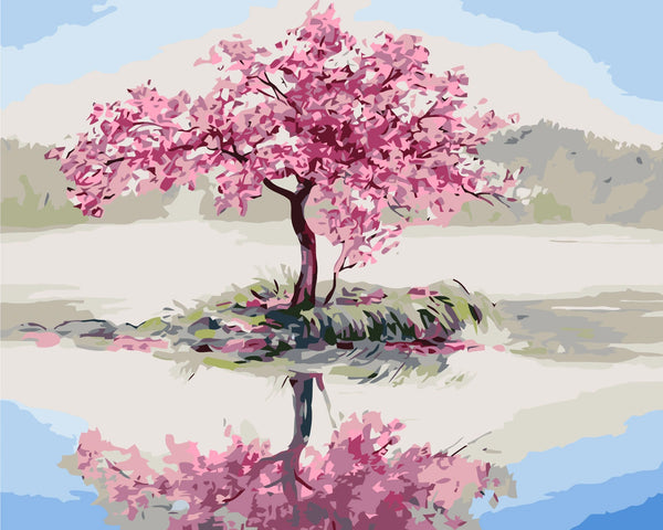 Pink cherry blossom tree with lake reflection and serene landscape painting