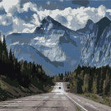 Mountain highway with cars, pine trees, and dramatic cloudy sky painting