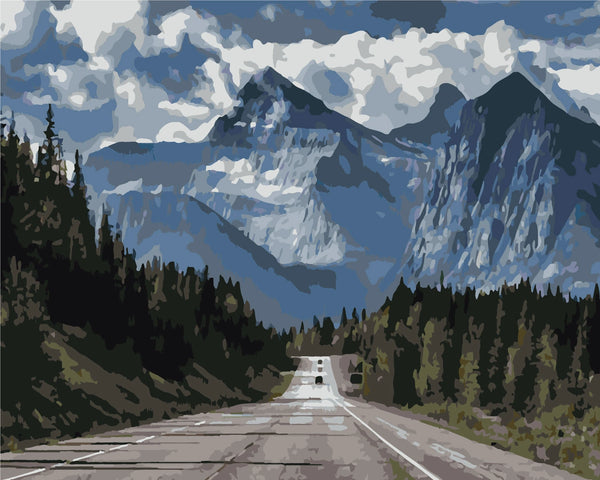 Mountain highway with cars, pine trees, and dramatic cloudy sky painting