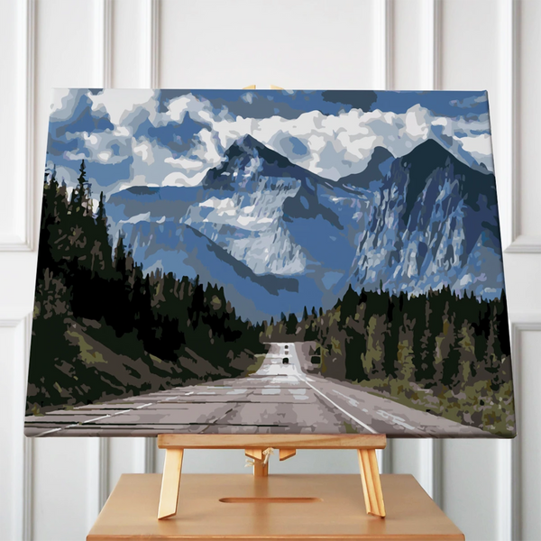 Mountain highway with cars, pine trees, and dramatic cloudy sky painting