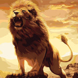 Roaring lion standing on a rock with golden sunset painting