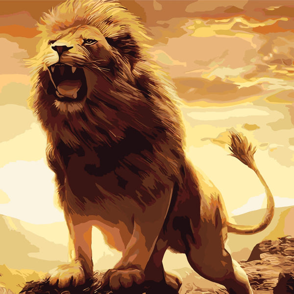 Roaring lion standing on a rock with golden sunset painting