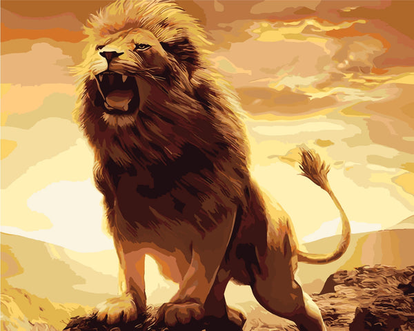 Roaring lion standing on a rock with golden sunset painting