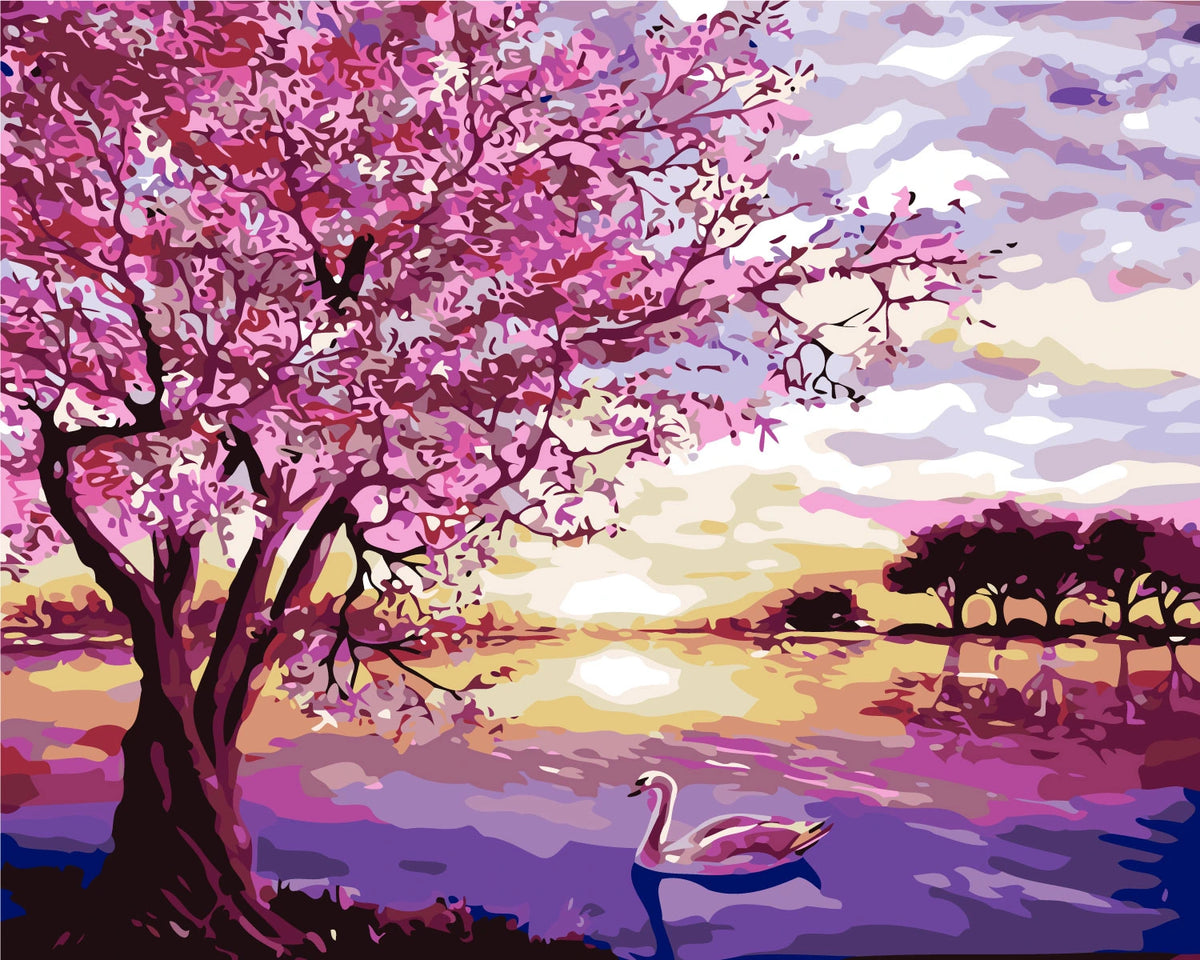 Pink blossom tree by lake with swan and sunset painting