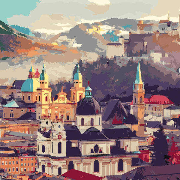 European cityscape painting with historic architecture and mountain backdrop