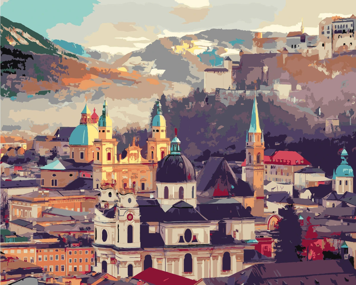 European cityscape painting with historic architecture and mountain backdrop