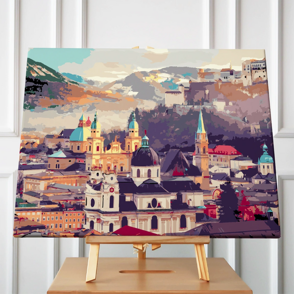 European cityscape painting with historic architecture and mountain backdrop