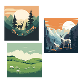 Three scenic wildlife paintings featuring deer, mountain goats, and sheep