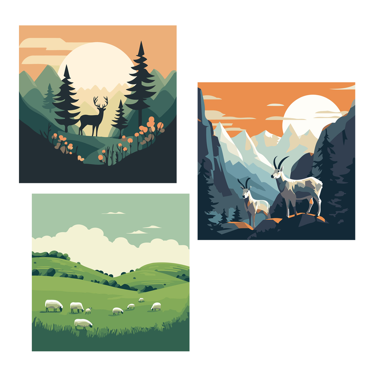 Three scenic wildlife paintings featuring deer, mountain goats, and sheep