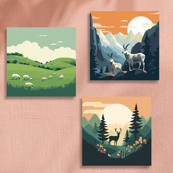 Three scenic wildlife paintings featuring deer, mountain goats, and sheep
