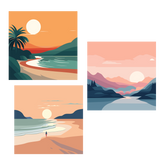 Three minimalist landscape paintings of beach, mountains, and sunset views
