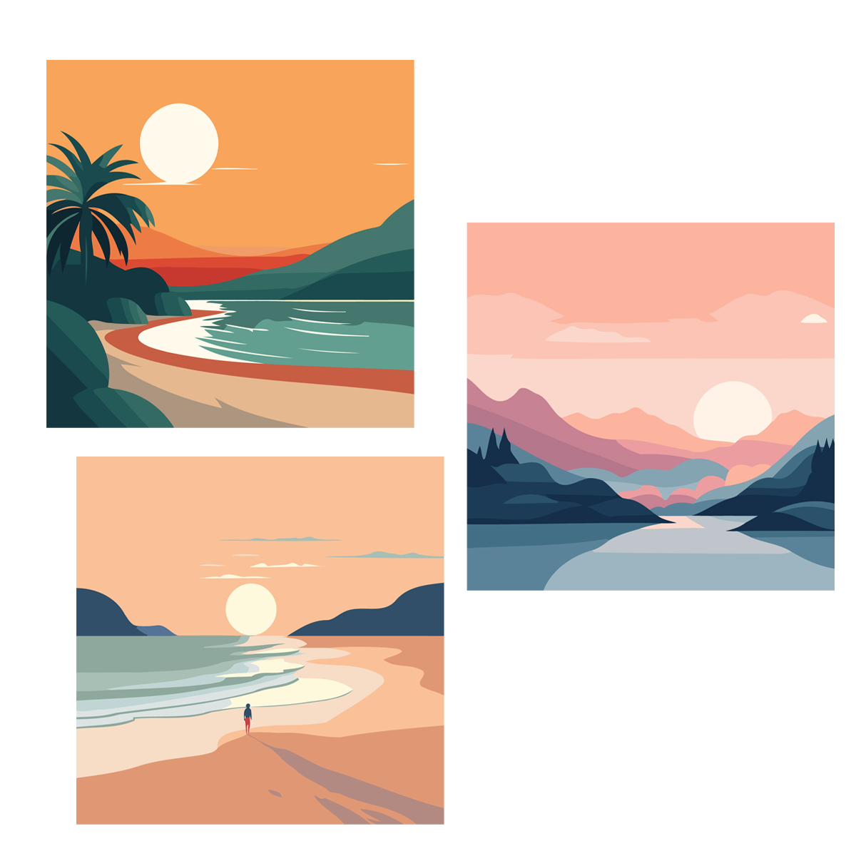 Three minimalist landscape paintings of beach, mountains, and sunset views