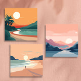 Three minimalist landscape paintings of beach, mountains, and sunset views