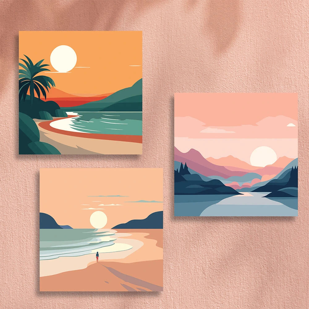 Three minimalist landscape paintings of beach, mountains, and sunset views