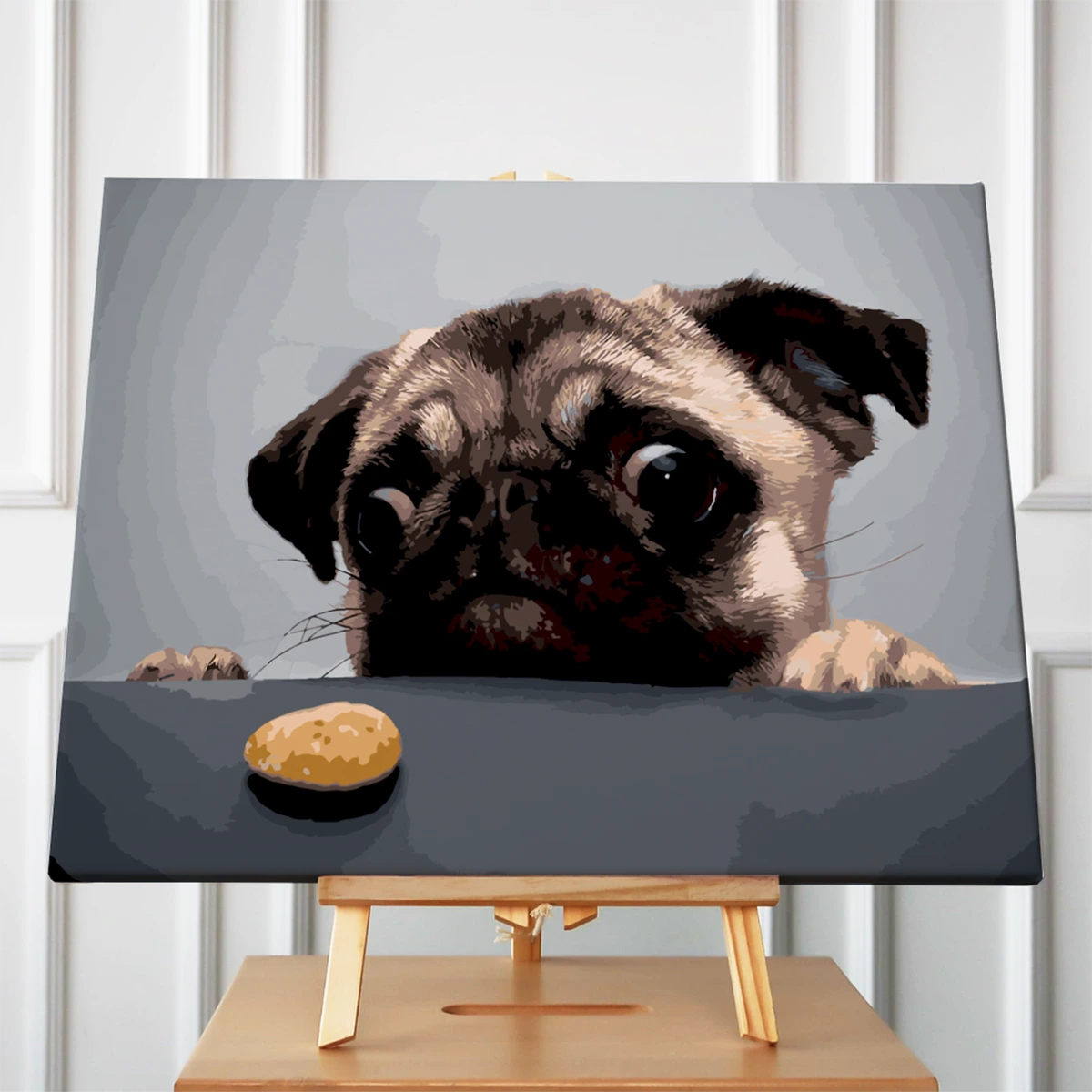 Painting of a pug staring eagerly at a small treat