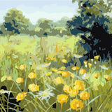 Painting of a sunlit meadow with yellow wildflowers and green trees