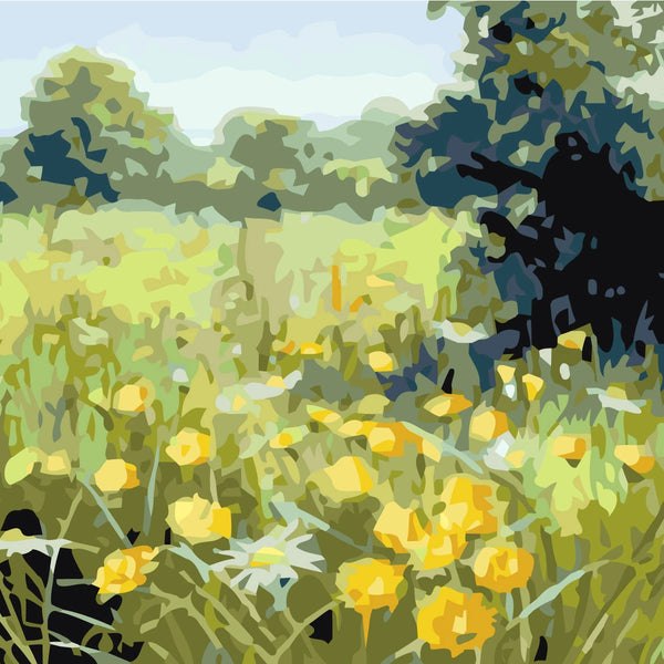 Painting of a sunlit meadow with yellow wildflowers and green trees