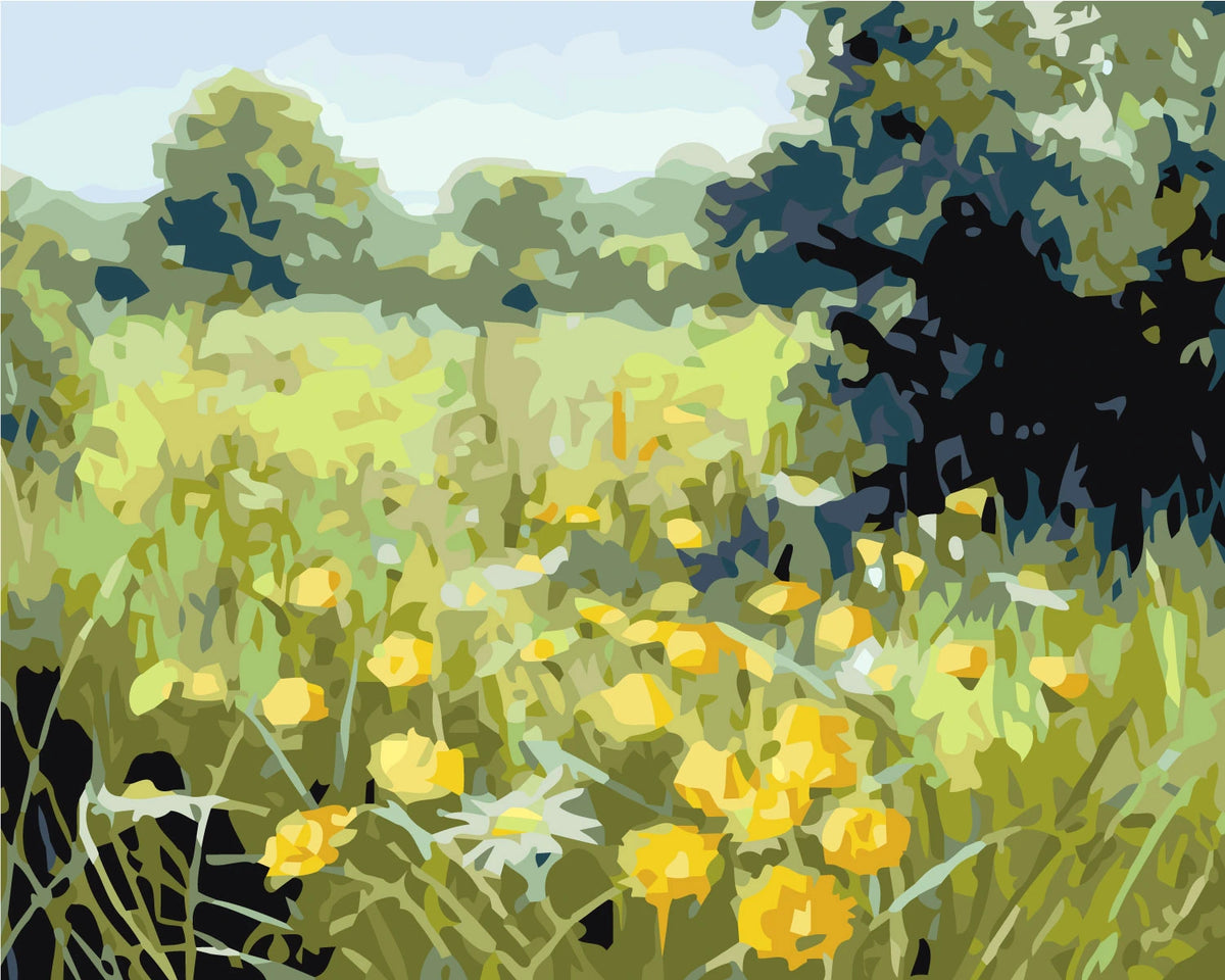 Painting of a sunlit meadow with yellow wildflowers and green trees
