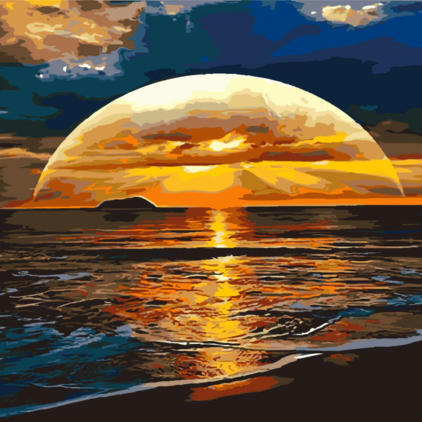 Vibrant painting of a sunset over the ocean with reflections