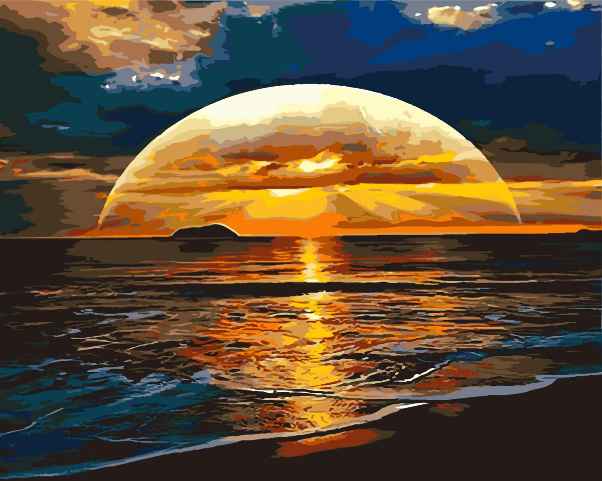 Vibrant painting of a sunset over the ocean with reflections