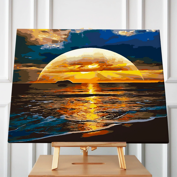 Vibrant painting of a sunset over the ocean with reflections