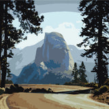 Painting of Yosemite’s Half Dome framed by tall pine trees