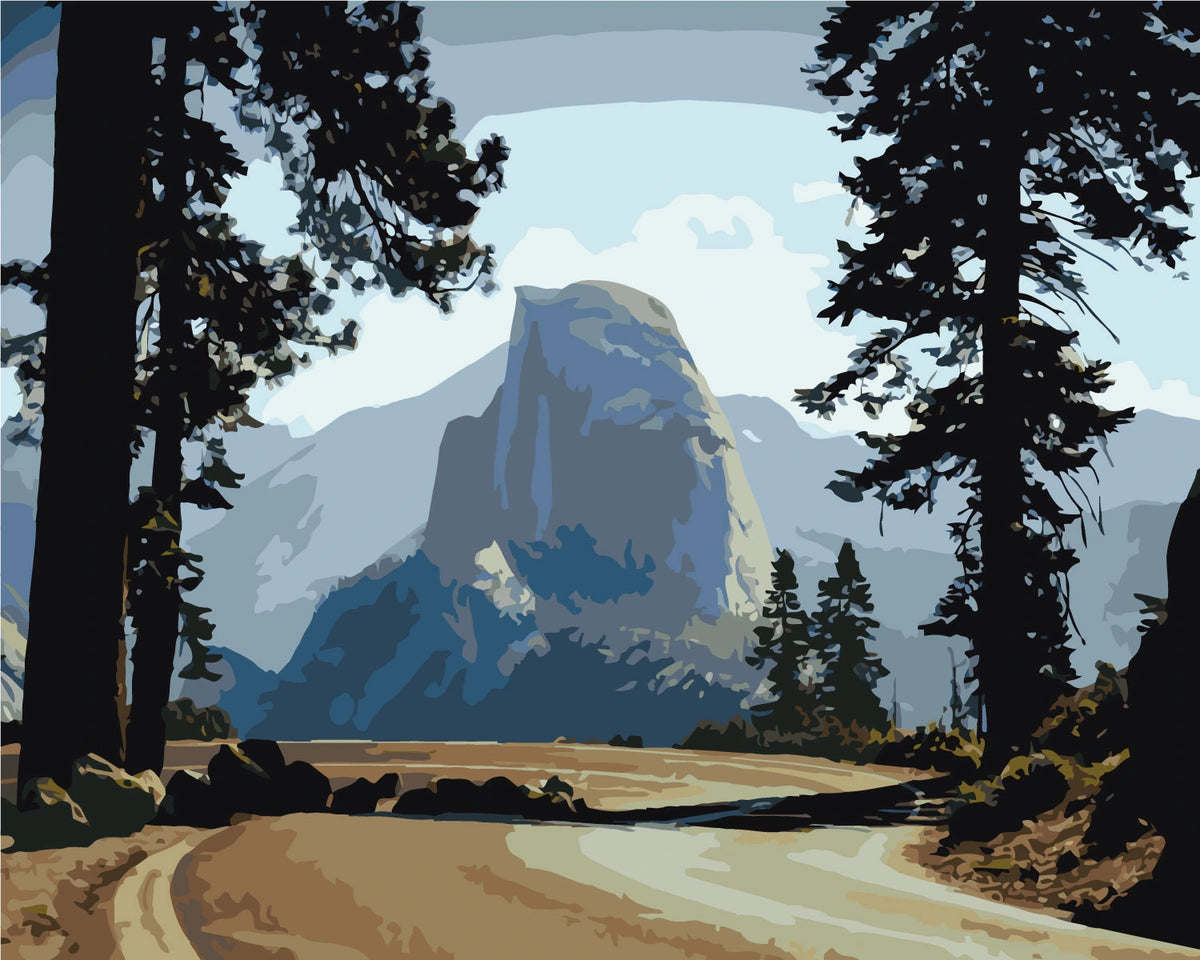 Painting of Yosemite’s Half Dome framed by tall pine trees