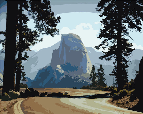 Painting of Yosemite’s Half Dome framed by tall pine trees